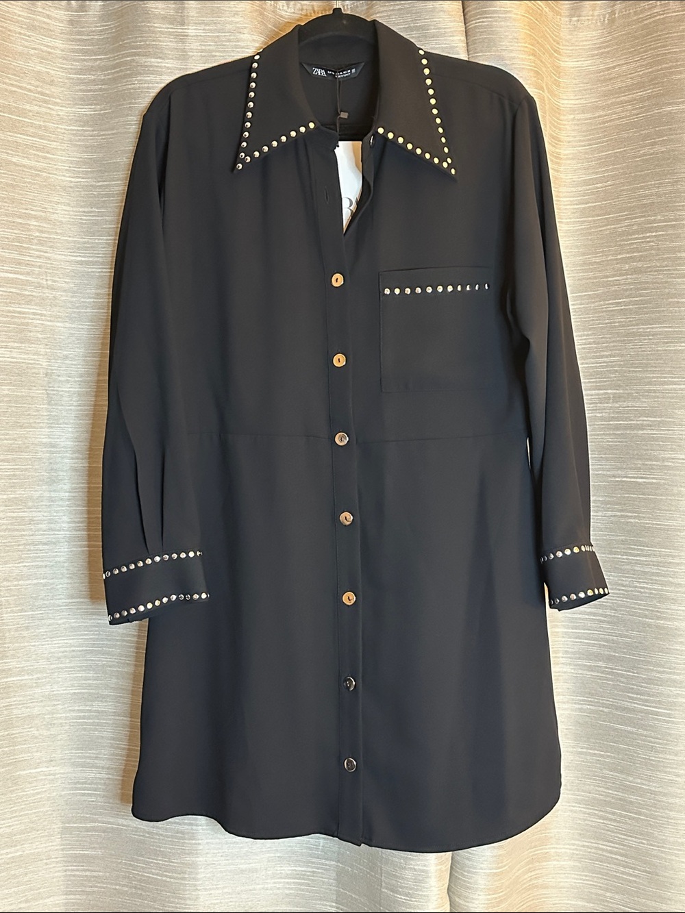 Zara Black Long-Sleeve Stud-Trim Shirt Dress